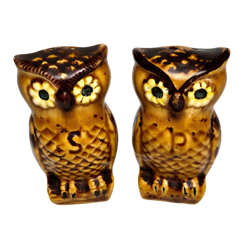 Vintage MCM Owl Salt and Pepper Shaker Set Brown Ceramic Drip Glaze Owlcore